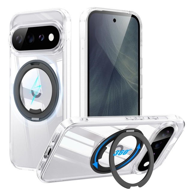 Tekka Google Pixel 10 Pro/Pixel 10 / Pixel 11 Pro / 11 ケース【360°回転スタンド・マグネット対応】耐衝撃 薄型 リング一体型 スタンド付き スマホケース 米軍MIL規格 指紋防止 黄変防止 カメラ保護 動画視聴 撮影にも便利 (クリア_ブラック)