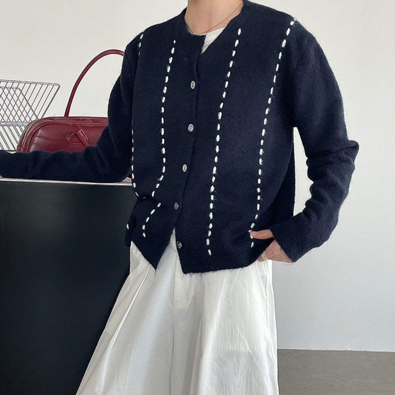 ステッチデザインニットカーディガン a0578