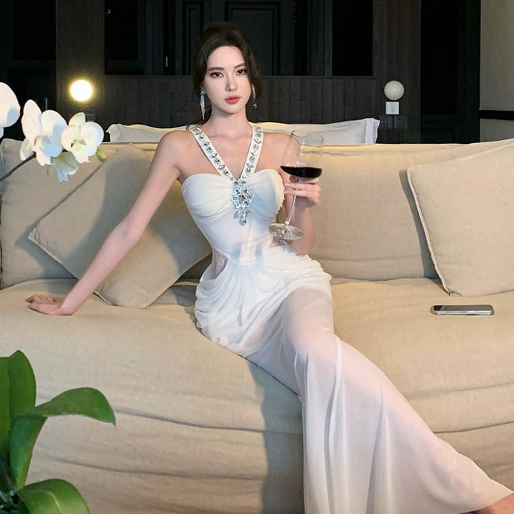 ロングドレスナイトドレスチュールダイヤモンドホルターネックセクシー宴会パーティーイベントレースマーメイドドレス WQ2-XHY919795