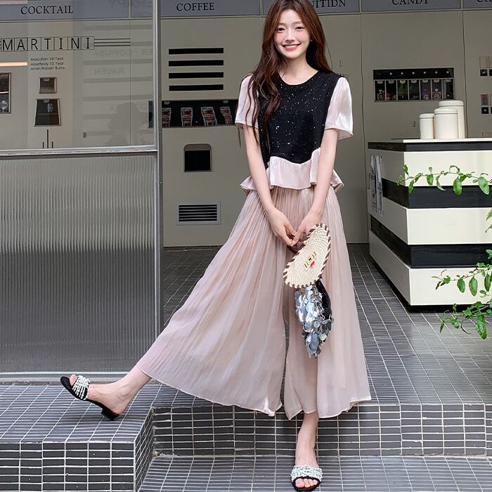 【set】シアードッキングフレアブラウス×ワイドパンツセット Q6230