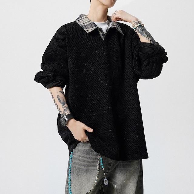 Diagonal Stripe Faux Two-Piece Long-Sleeve T-Shirt(MT1678)