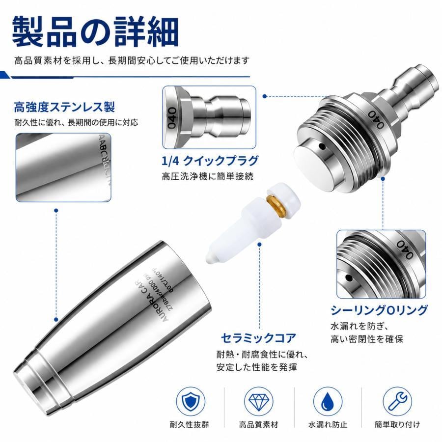 高圧洗浄機用 ターボノズル 4000PSI対応 360°回転ジェット 1/4クイック