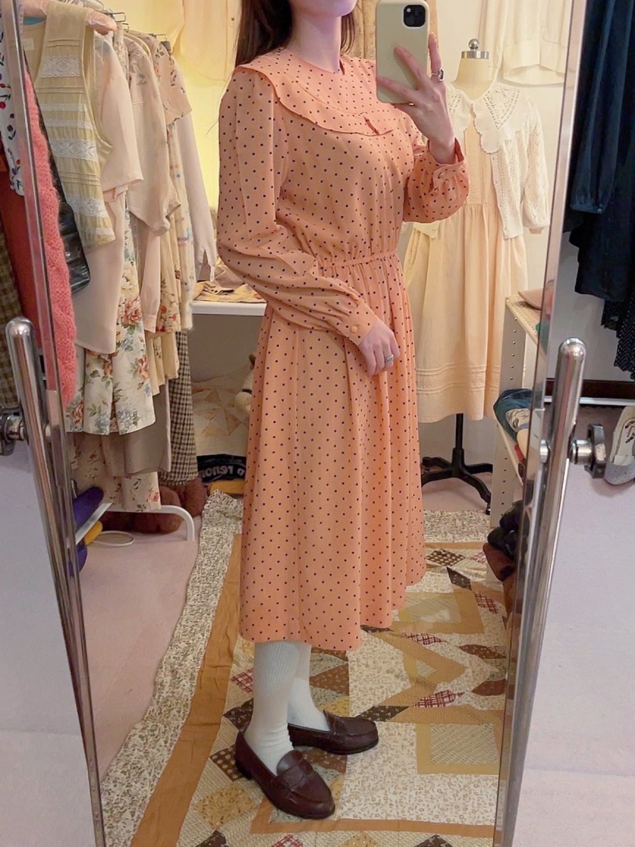 coral pink round frill dot one-piece