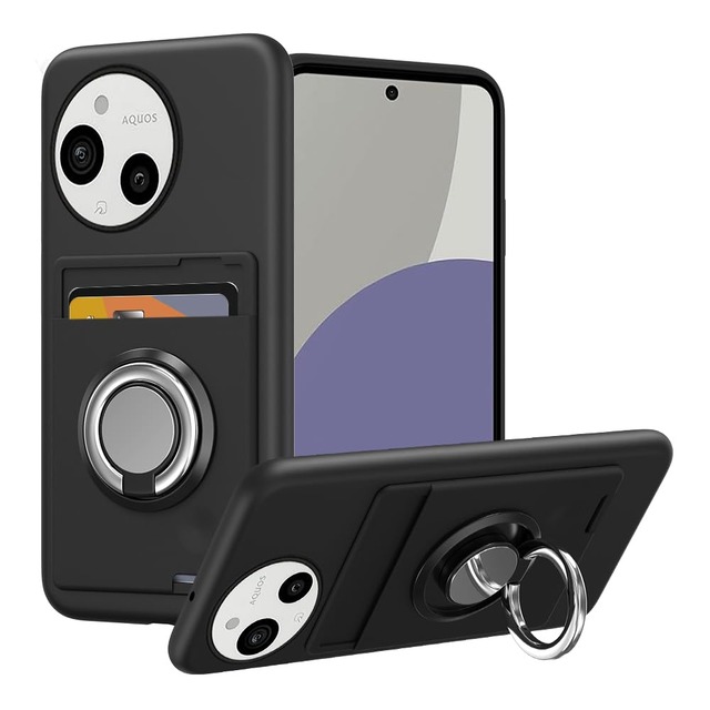 対応 AQUOS R10/R9 ケース SH-51F/A501SH/SH-M31/SH-51E/SH-M28 カード収納 リング付き スマホケース 黑