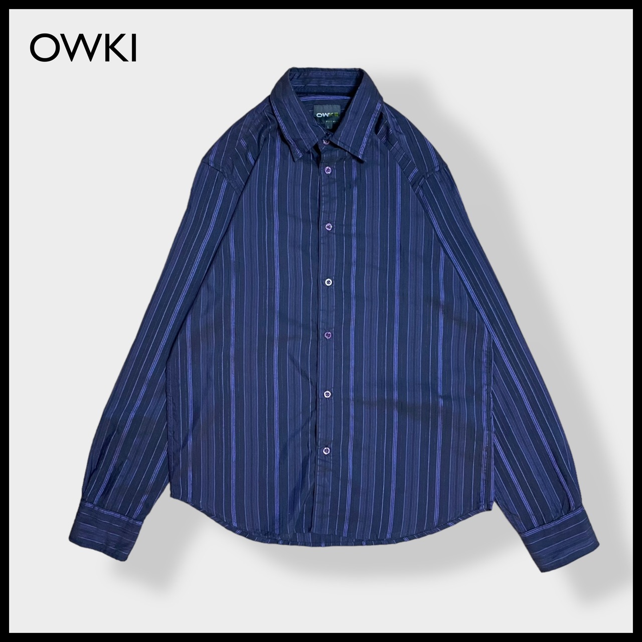 【OWKI】ストライプシャツ 長袖シャツ L ブラック パープル US古着