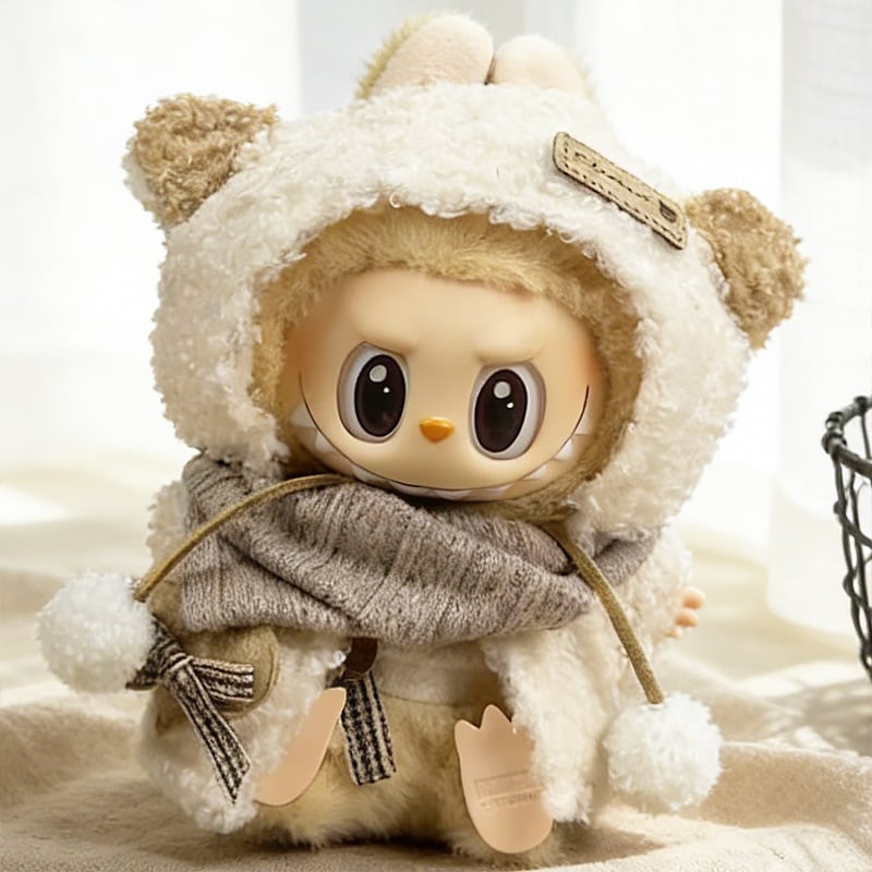 ラブブちゃんにぴったり♡ labubu ふわふわオートミールココアのお洋服セット!くまちゃんブローチ&フード付きでますます可愛く♪ 15cm/17cm対応