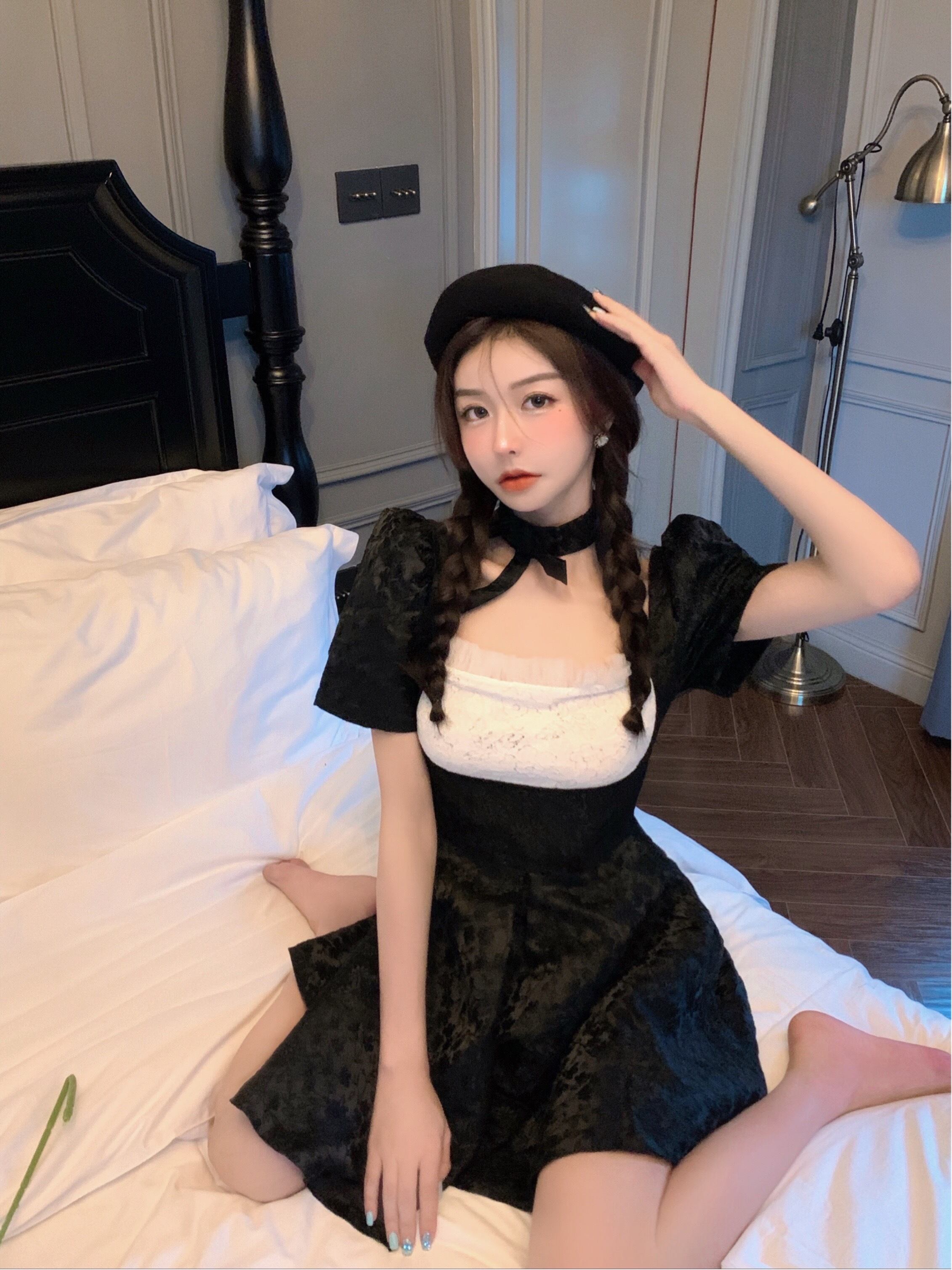 ドレス スリーブブラックカラー半袖スカート サマーウェスト ショート ハーフスリーブ 夏物 スクウェア ブラックストロベリース18302152077