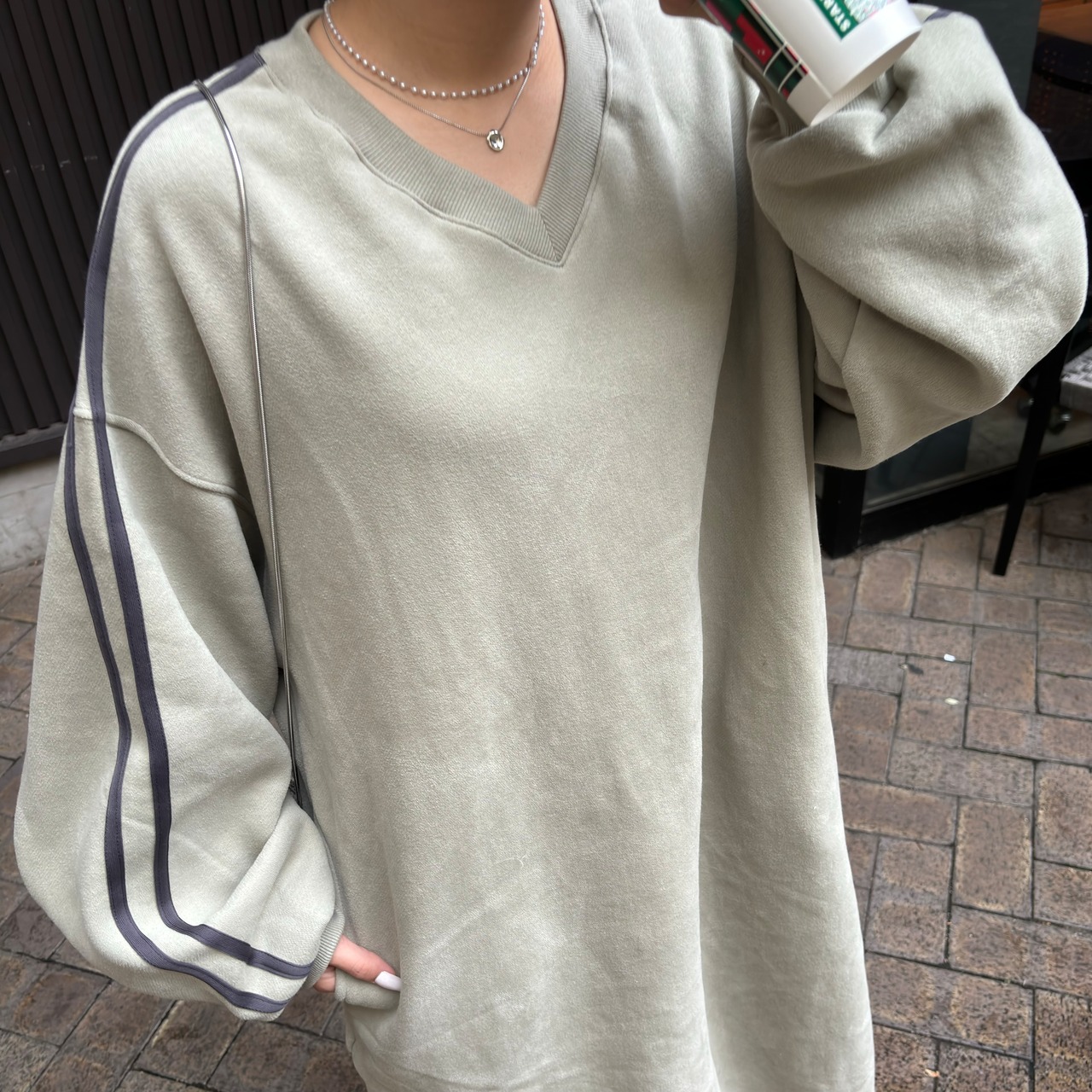 V neck balloon long line ラインスウェットワンピース／khaki beige