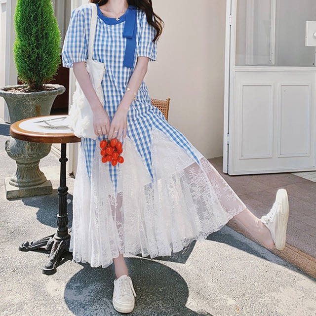 gingham check romantic lace hem dress  e2001