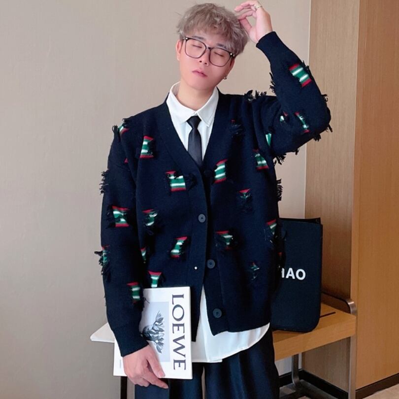 【予約販売】カーディガン ニット ダメージ加工 個性的 セーター フリンジ ブラック グリーン オーバーサイズ メンズ シンプル こなれ感 ストリート お洒落 韓国 トレンド 秋冬 M/L/XL