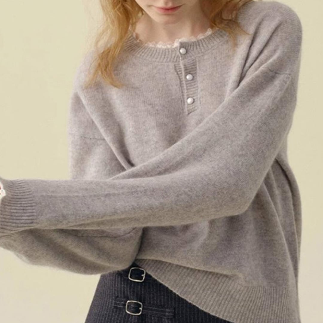 lace trim henley neck knit top