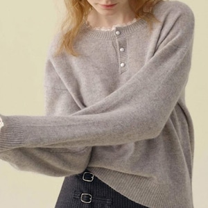 lace trim henley neck knit top