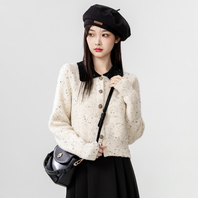 トップス ニットセーター 折り襟デザイン 長袖 シングルブレスト 配色 S M L