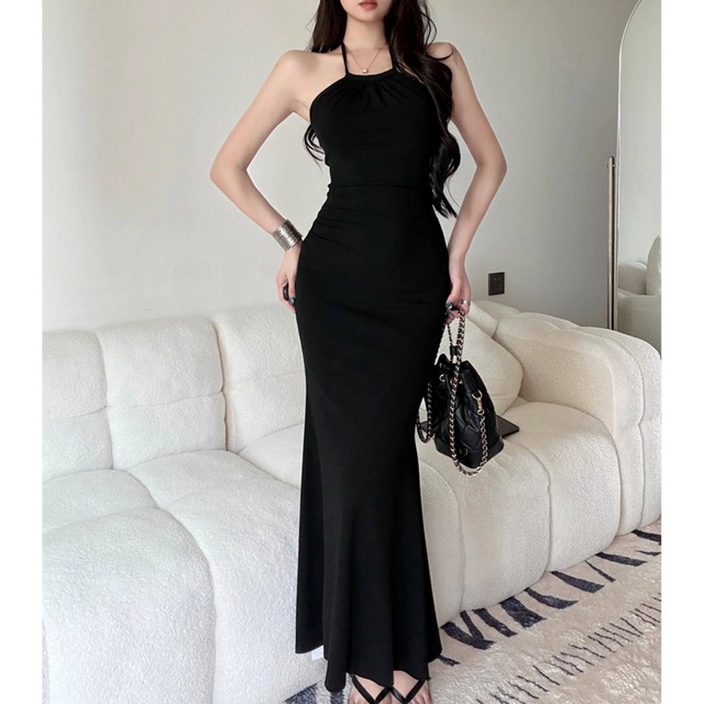 halter neck draped long one-piece la3016