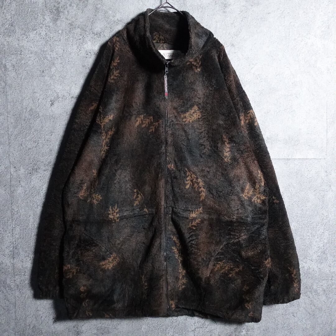Dark brown leaf motif fleece jacket