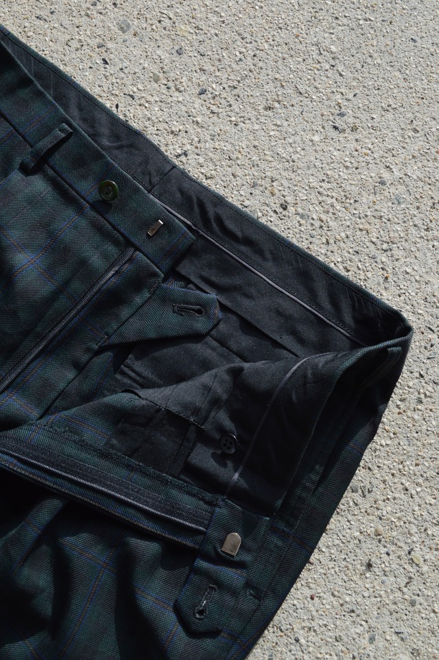 Old Blank Slacks 90's Tartan Check 2Tuck Poly Wool Slacks Dark Green Black オールドスラックス ポリウール サマースラックス