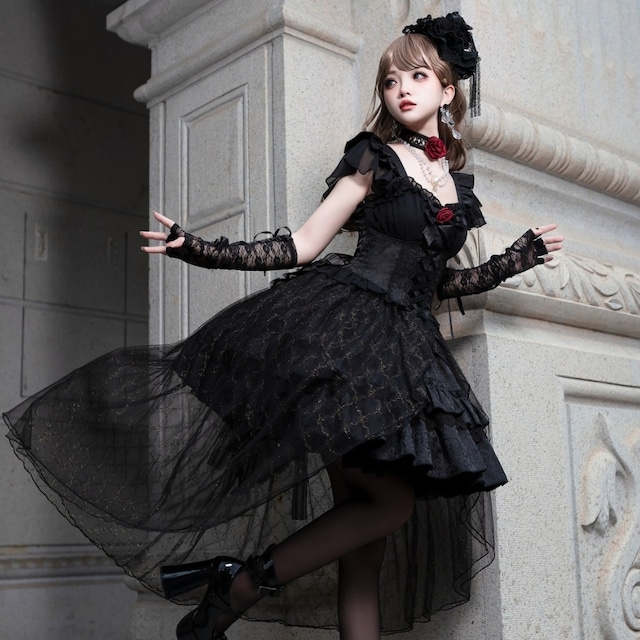 With U ゴスロリ ドレス ロング丈 アシンメトリー ハイウエスト レースアップ  darkness 病み可愛い ブラック 豪華 エレガント dressy