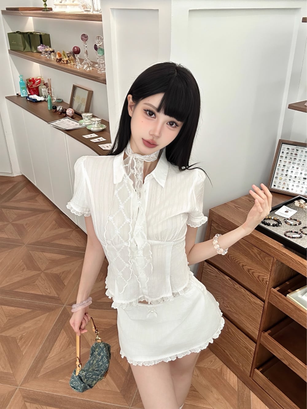 韓国 セットアップ トップス リボン ドット レースヘムスカート ワンホン|クラシックチェックヘムレーストップス+スカート