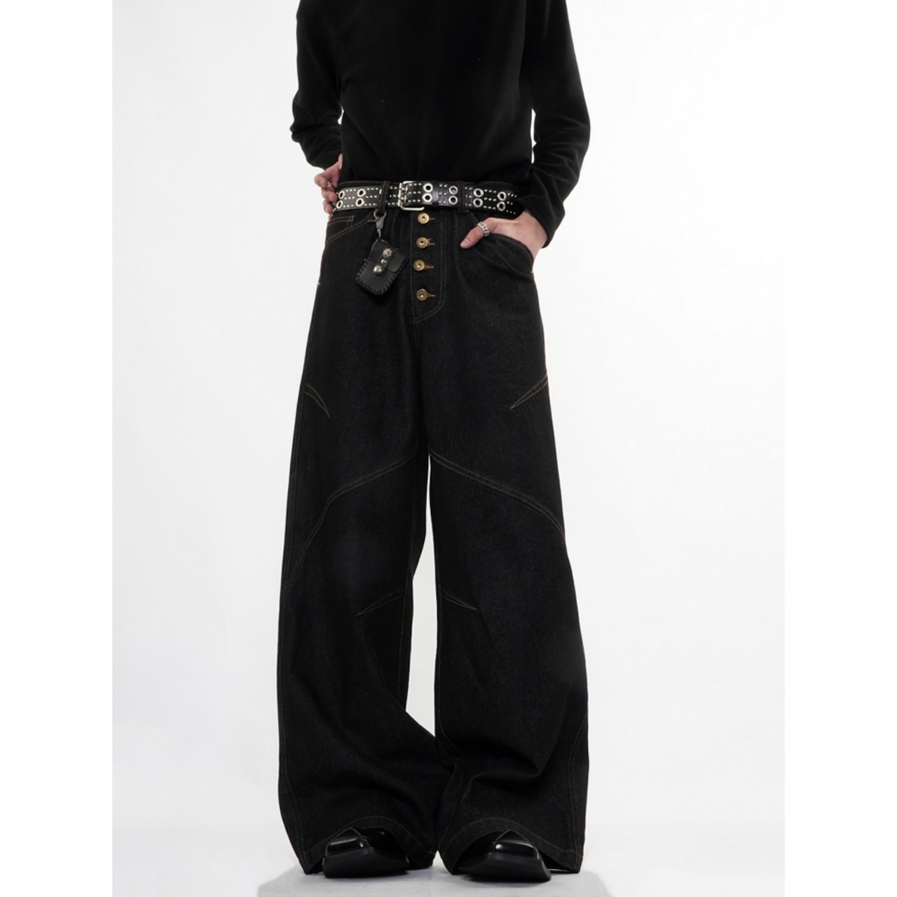 ストリート ボタン デニムパンツ P386