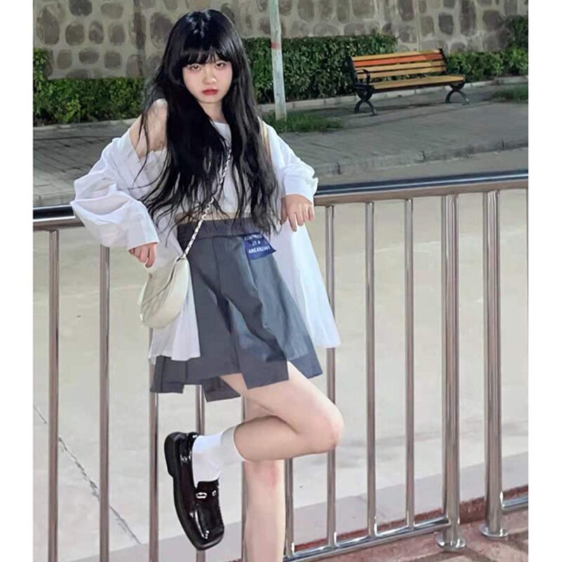 レッドショートスカート ハイウェストウェストサマーAラインプリーツ薄手 ストリート 夏物 萌量不足47753215040