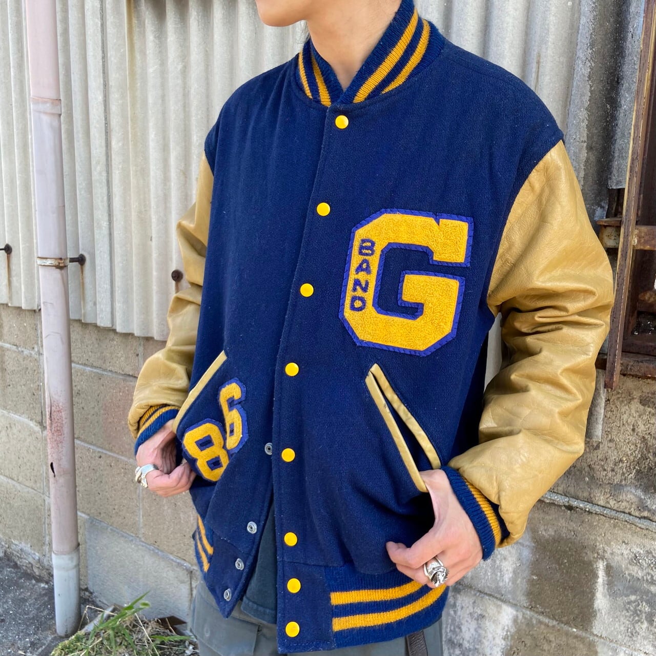 70〜80年代 USA製 KAYE BROS. 袖レザー ウールスタジャン バックロゴ 