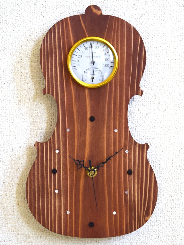 【静音秒針版】掛時計『ヴァイオリン レッドブラウン』【温湿度計】