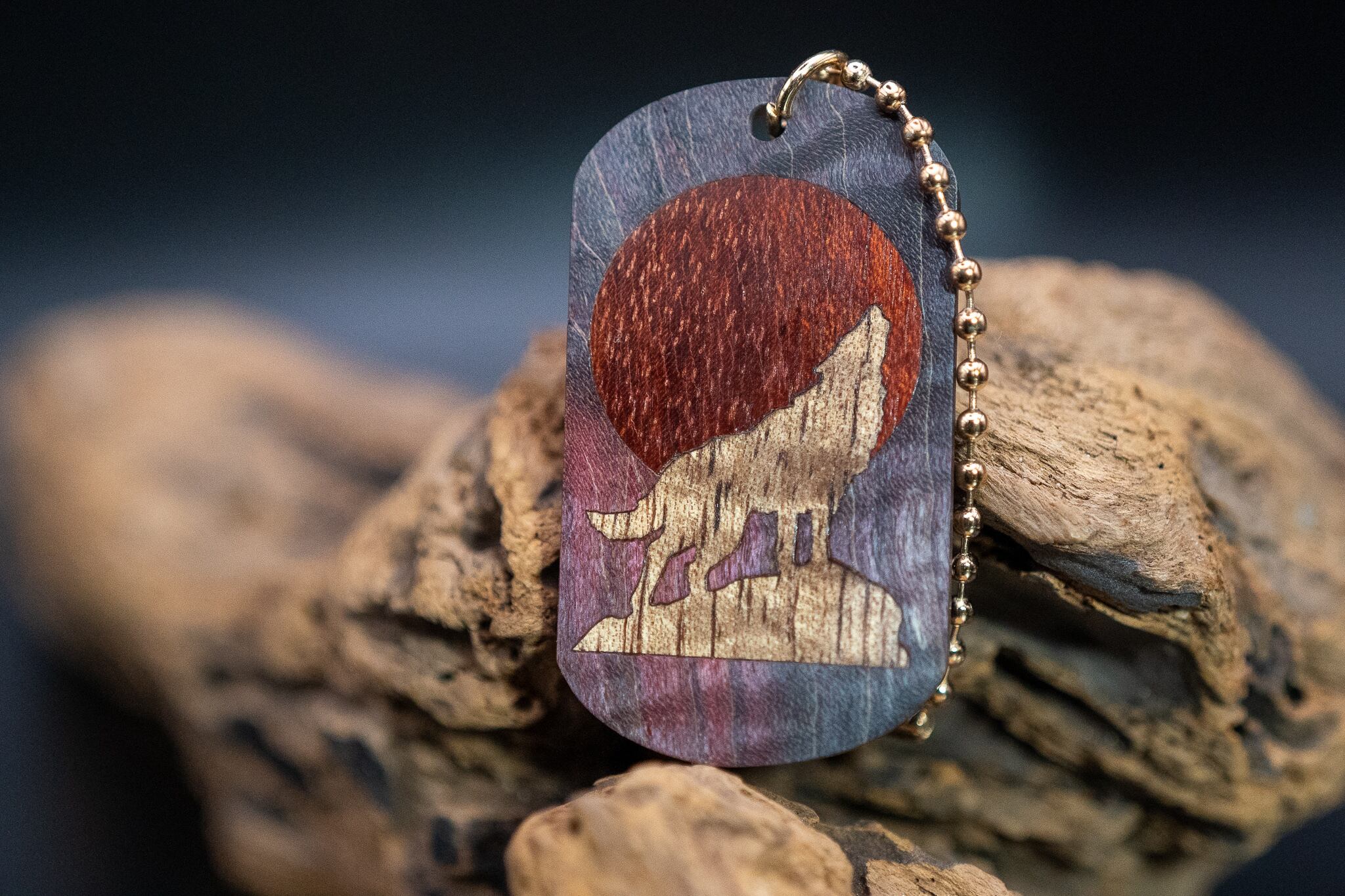 【Vicious ヴィシャス】スタビライズウッド 楓 縮杢 ドッグタグ 象嵌 月と狼