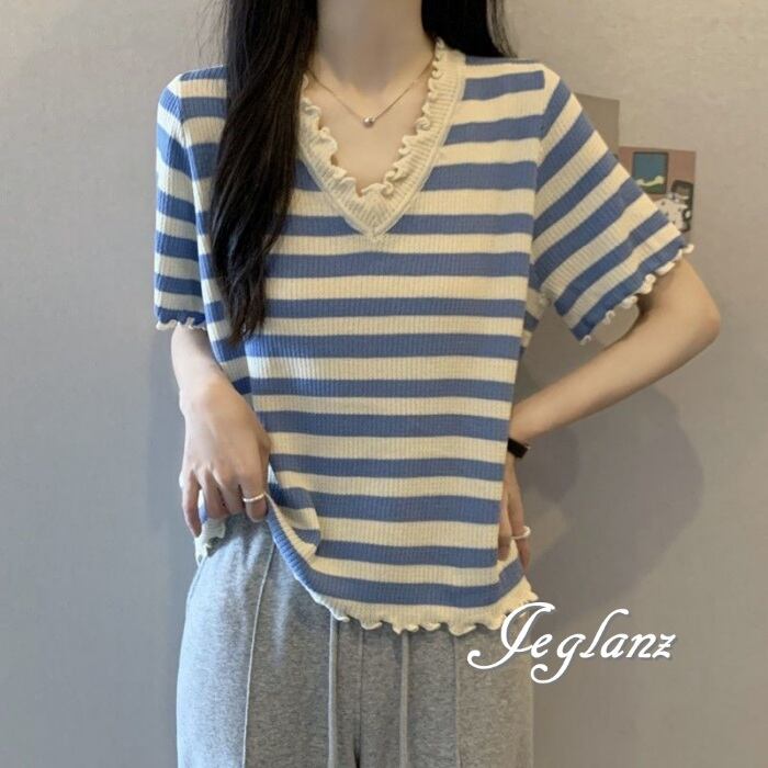 2色 サマー ニット トップス V開き マルチボーダー 大きいサイズ(MA368)ρ