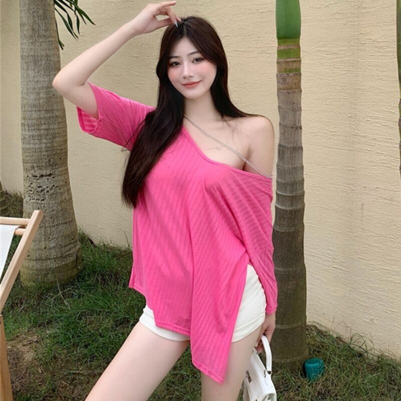 カラーレッドルーズTシャツ トップス レディース ハンチェンe57988211599