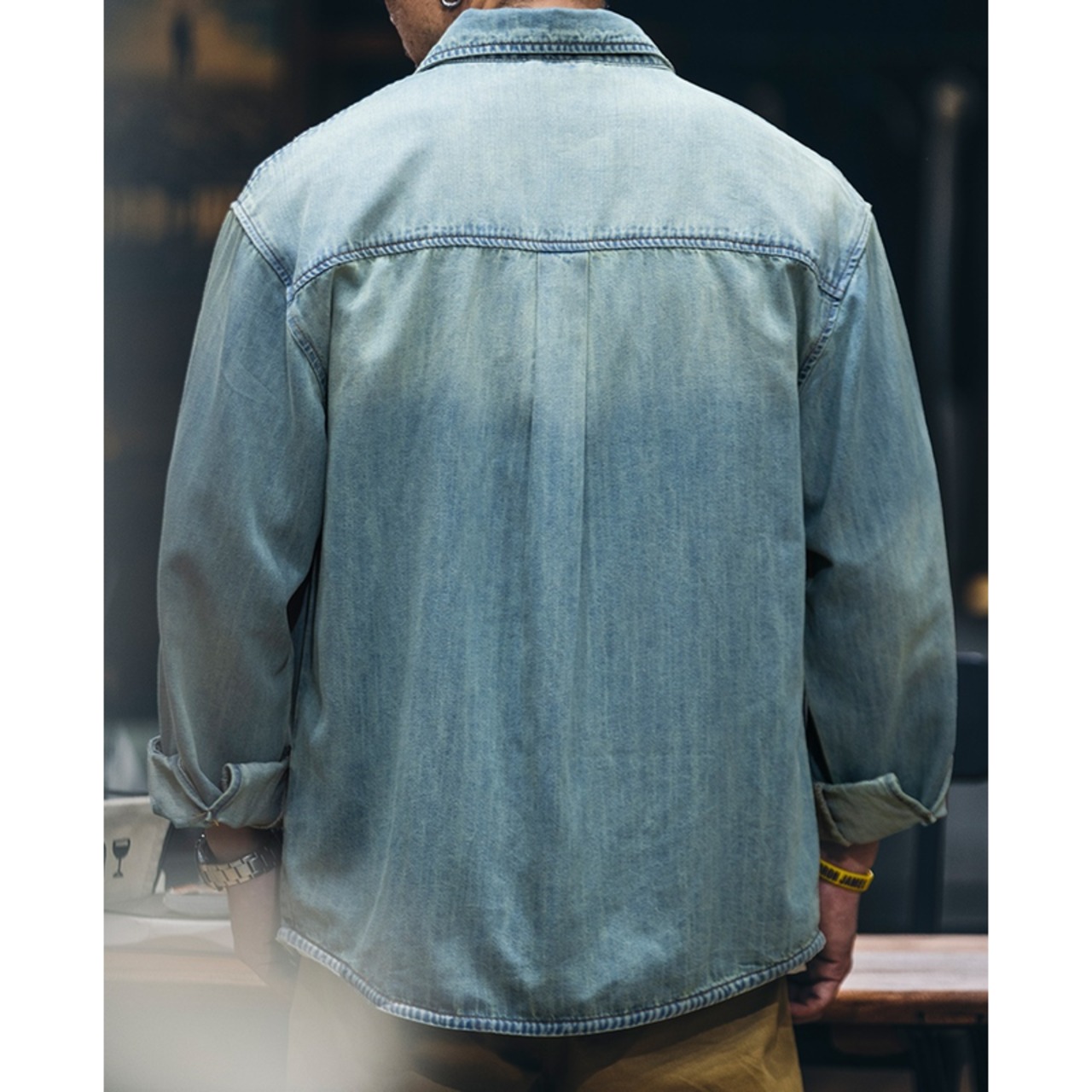 Long Sleeve Denim Shirt Button Down Patch Pocket ◇2color H0243