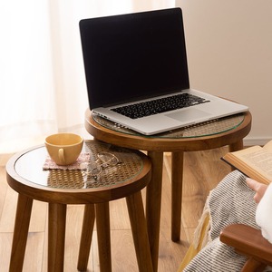 ラタン ラウンド ガラス テーブル S