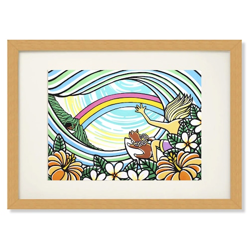 Art Print A4（Surf With Dog）with Frame