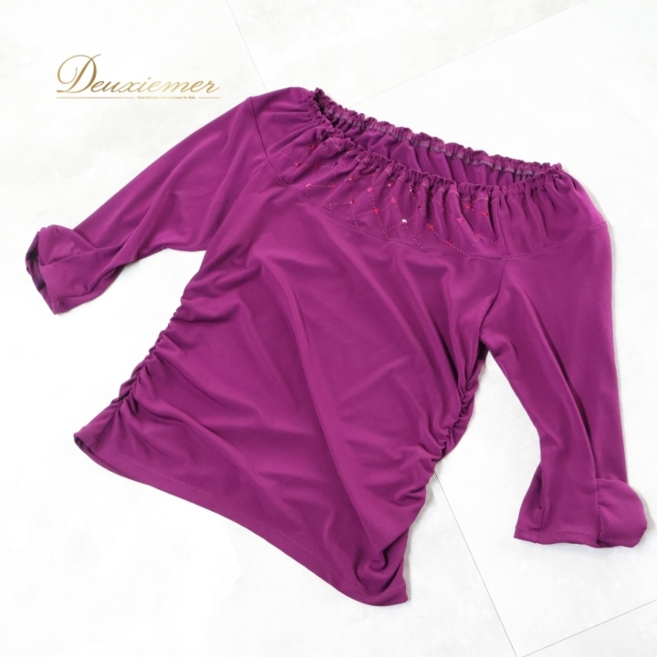 社交ダンス 衣装 チャコット Chacott トップス ブラウス カットソー 紫 フリル レース パーティ 発表会 レッスン 練習着 スパンコール 伸縮 リボン パープル系 おしゃれ 大人 レディース カジュアル ストレッチ 薄手 ゆったり 袖リボン 上品 かわいい 軽やか