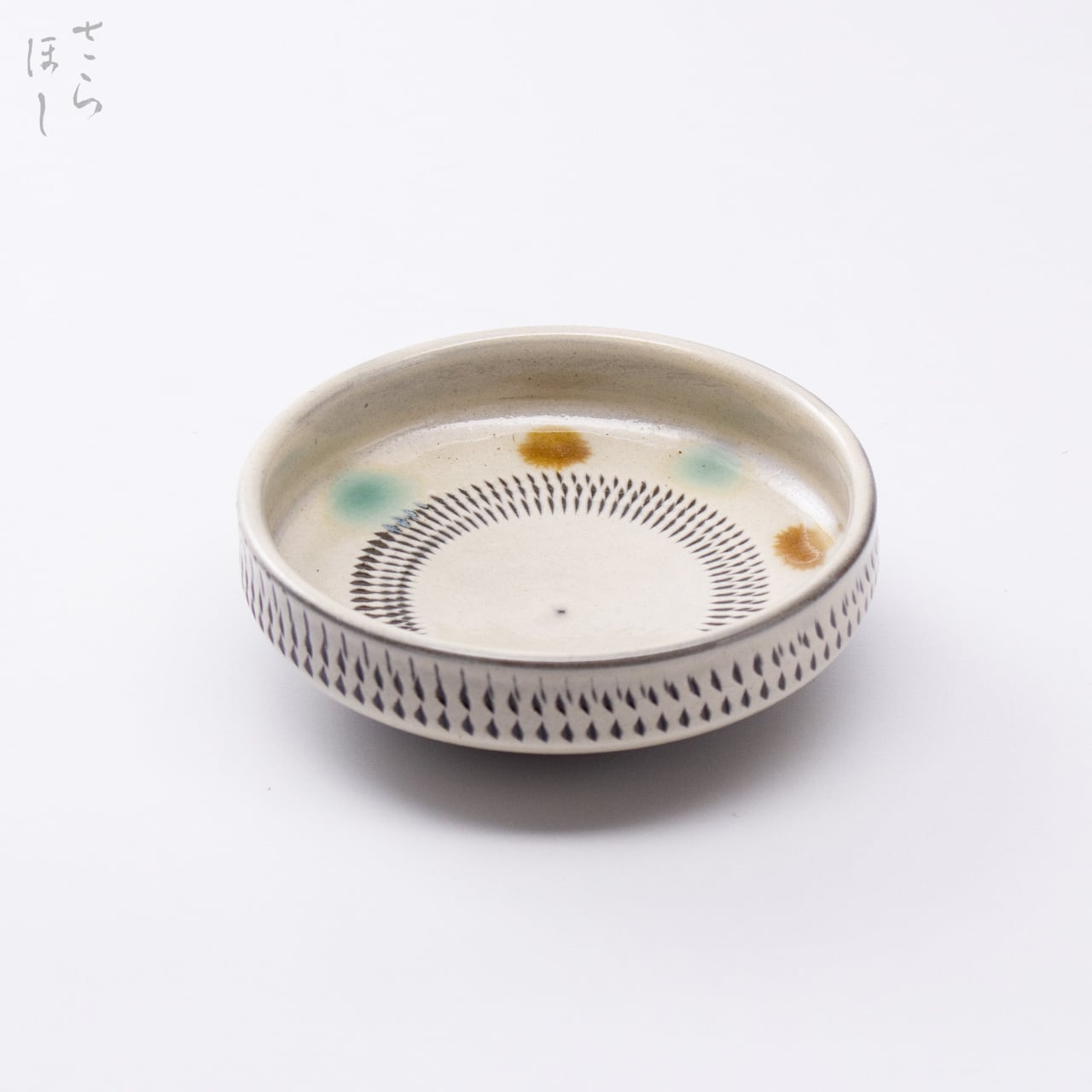 小鹿田焼 小袋窯 3寸5分切立皿 飛びかんな 赤青ドット 直径約10cm 陶器 和食器 民藝