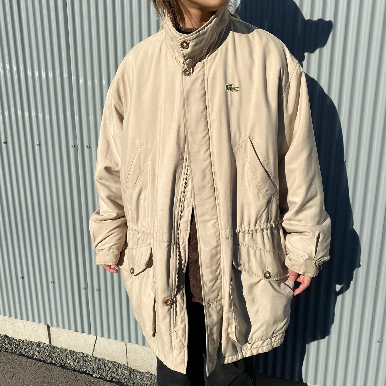 フランス製 Lacoste フレンチラコステ ハイネック スタンドカラー ポリエステル ハーフコート メンズxl相当 古着 ベージュ キルティング ウールライナー フード収納式 ブルゾン ジャケット Cave 古着屋 公式 古着通販サイト