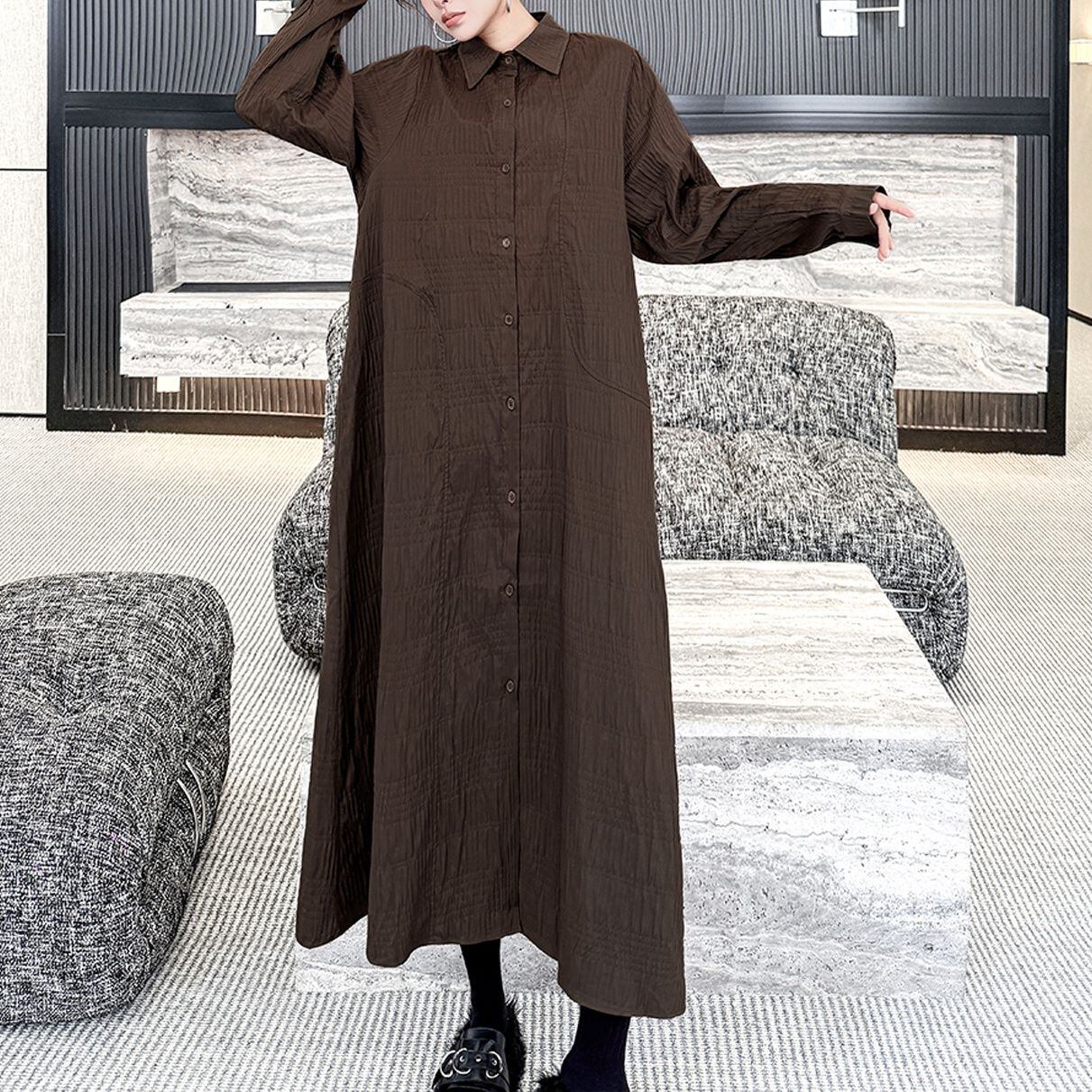 CRINKLED LONG SLEEVE BUTTON UP SHIRT DRESS M-18600