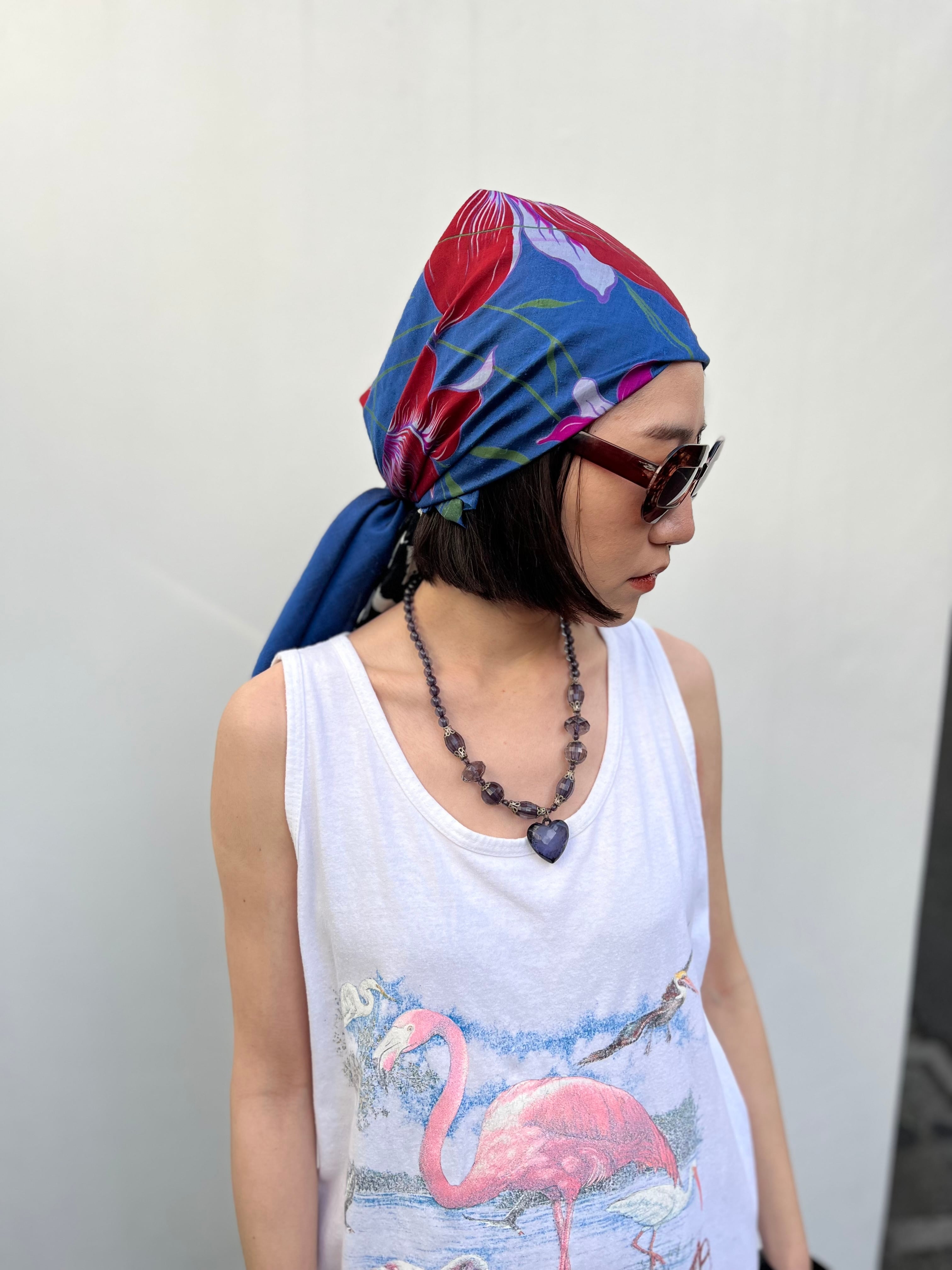 Vintage Thai silk navy × floral scarf ( ヴィンテージ タイシルク