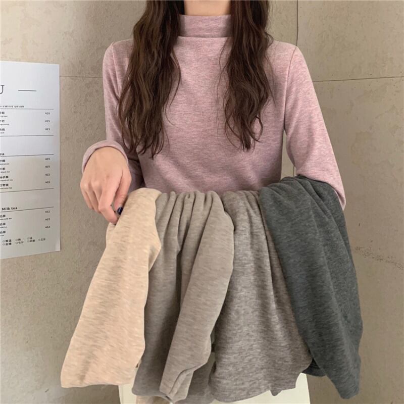 Tシャツ シャツ カラースリムオータムウィンタートップス ロング ピンク 秋物 冬物 ブラックストロベリース31104634583