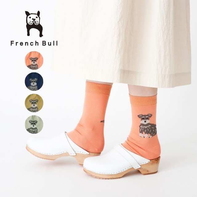 フレンチブル French Bull 靴下 レディース ボンジュールソックス 通年 オールシーズン 国産 日本製 綿 コットン 犬 柄 シュナウザー おしゃれ かわいい グリーン イエロー オレンジ ネイビー 23-25cm 11-26105 Fr077