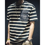 Striped Short Sleeve T-Shirt with Patch Pocket ◇H0226