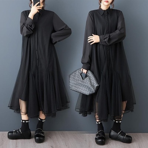 大きいサイズ 新品 秋冬 チュール切替シャツワンピース アシンメトリー モード