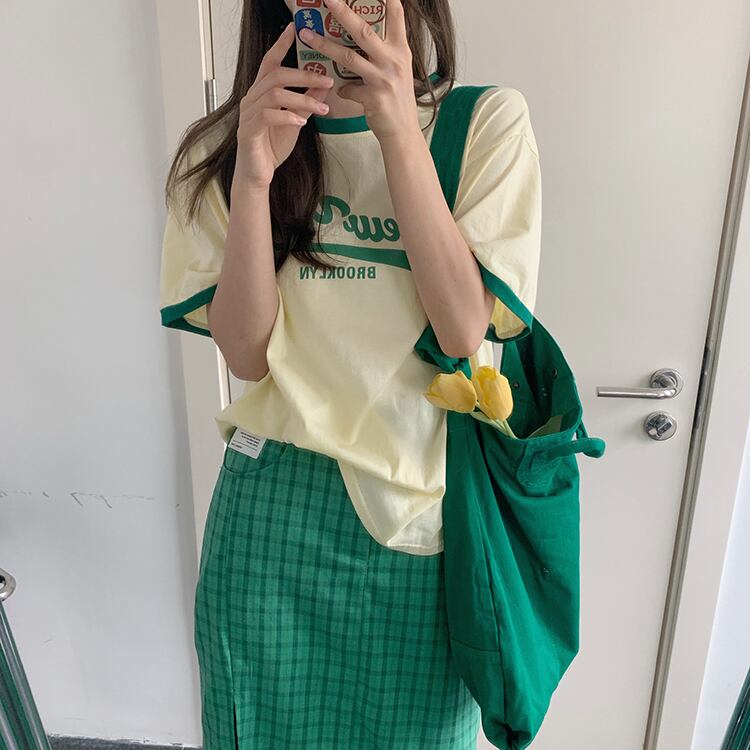 プリントTシャツ シャツ サマースリムラウンドネックカラー 夏物 Oネック ビッグFスモールZ韓国20445118023