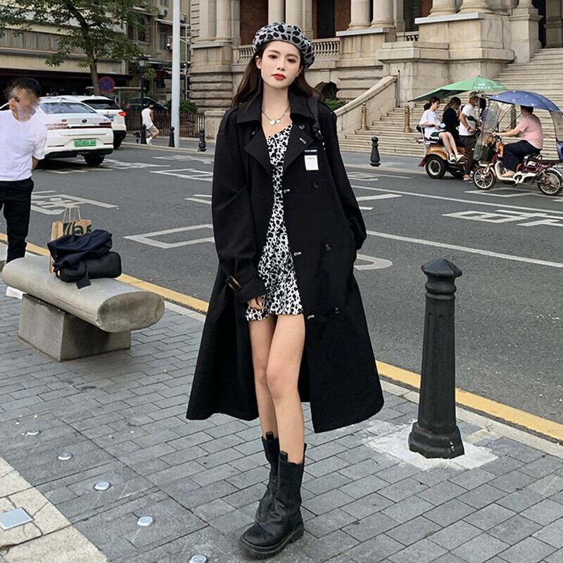 黒トレンチコートミドル丈婦人服2022春先新スタイルルーズダブル