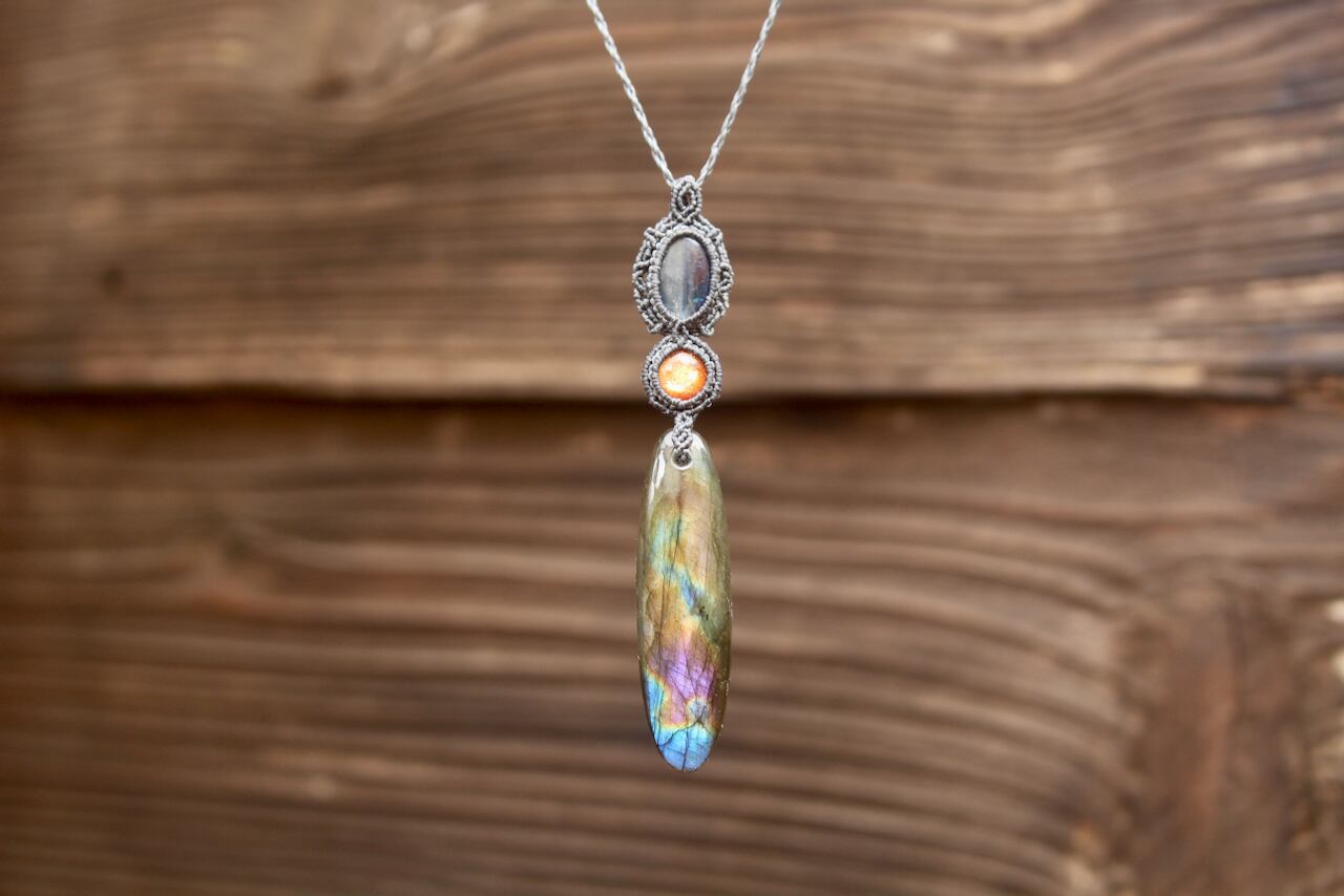 Multi Purple Labradorite & Sunstone & Kyanite micro macrame pendant