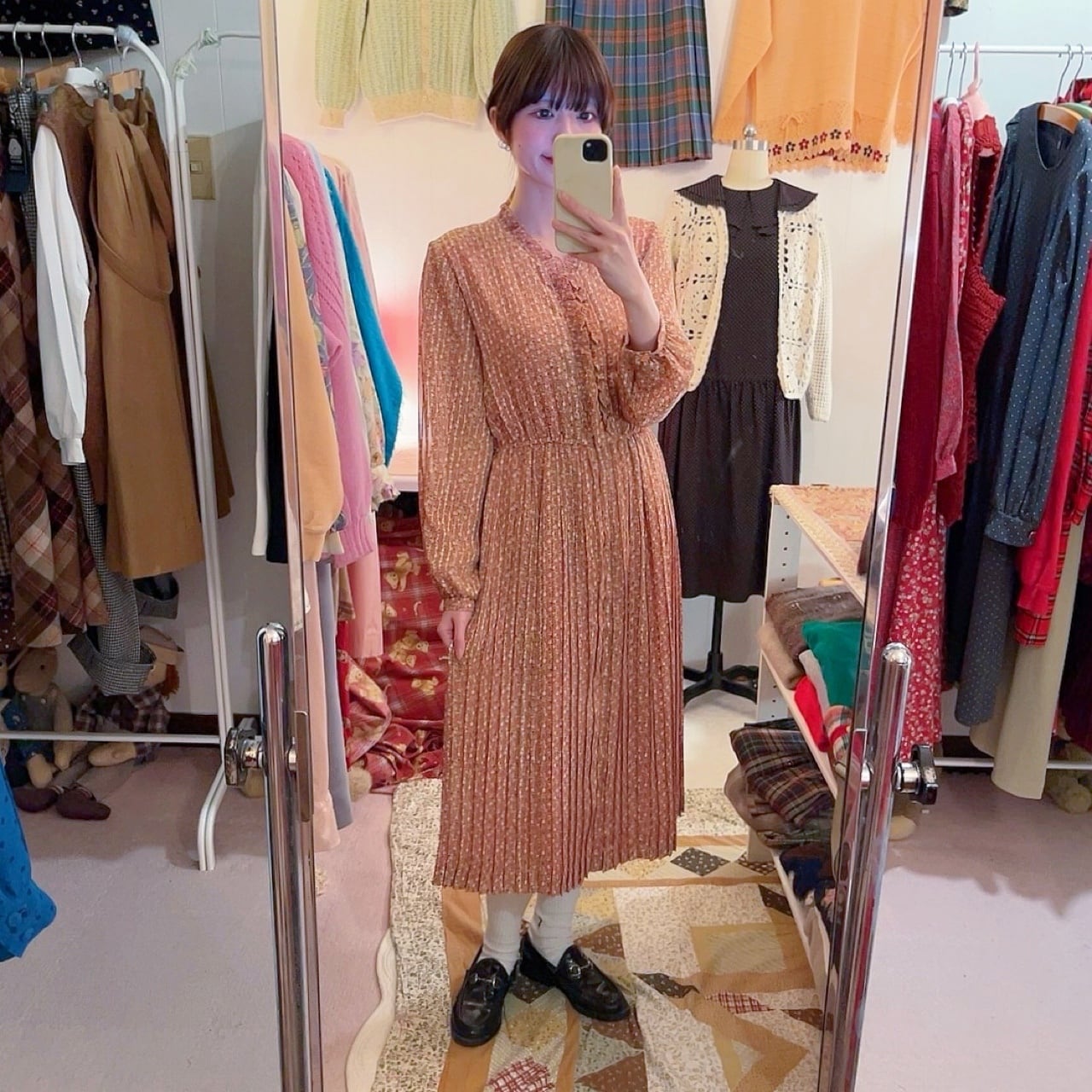 orange mini flower pleats one-piece