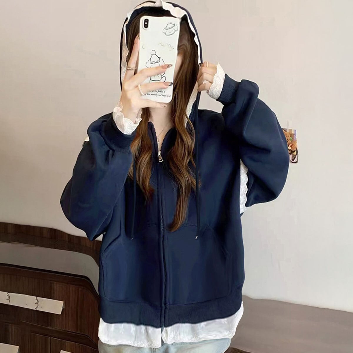 スウェット パーカー ジップアップ レディース 春秋冬 韓国 ストリート アメカジ おしゃれ 大人 カジュアル レース切り替え 羽織り トップス 裾レース ゆったり 大人可愛い 大人女子