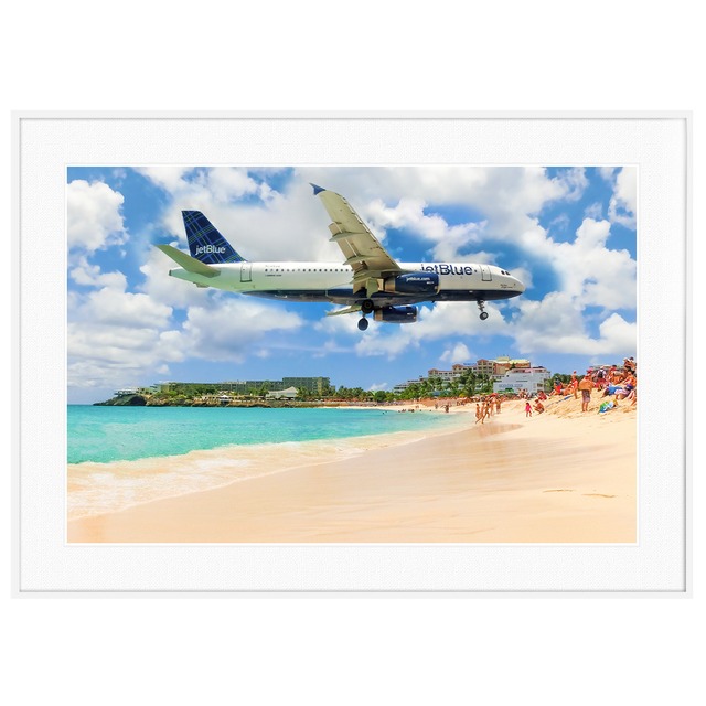夏写真 セント・マーチン島マホ湾 飛行機と海 インテリアアートポスター額装 AS3825