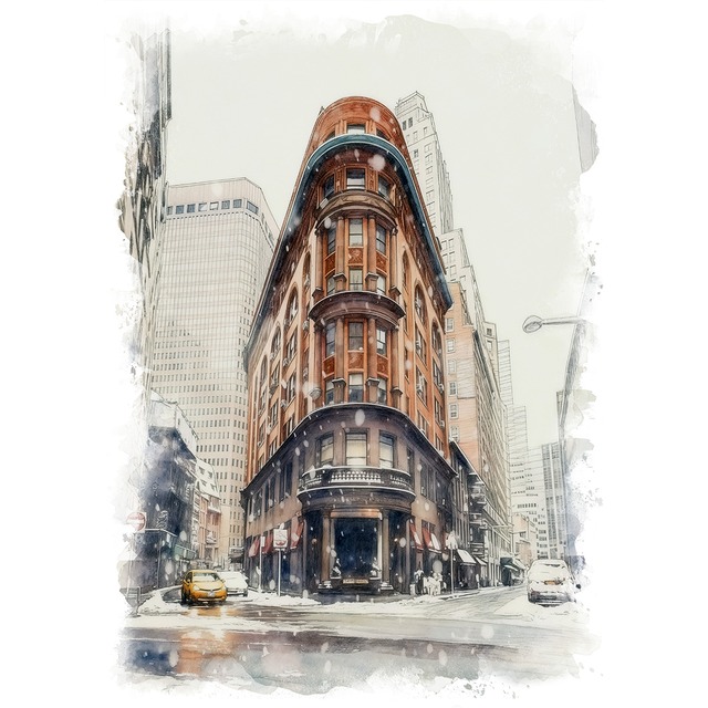 絵画 風景画(街並み) 冬 雪のアメリカ ニューヨーク デルモニコス ステーキハウス インテリアアート額付き 水彩画・油絵調 WAT0579