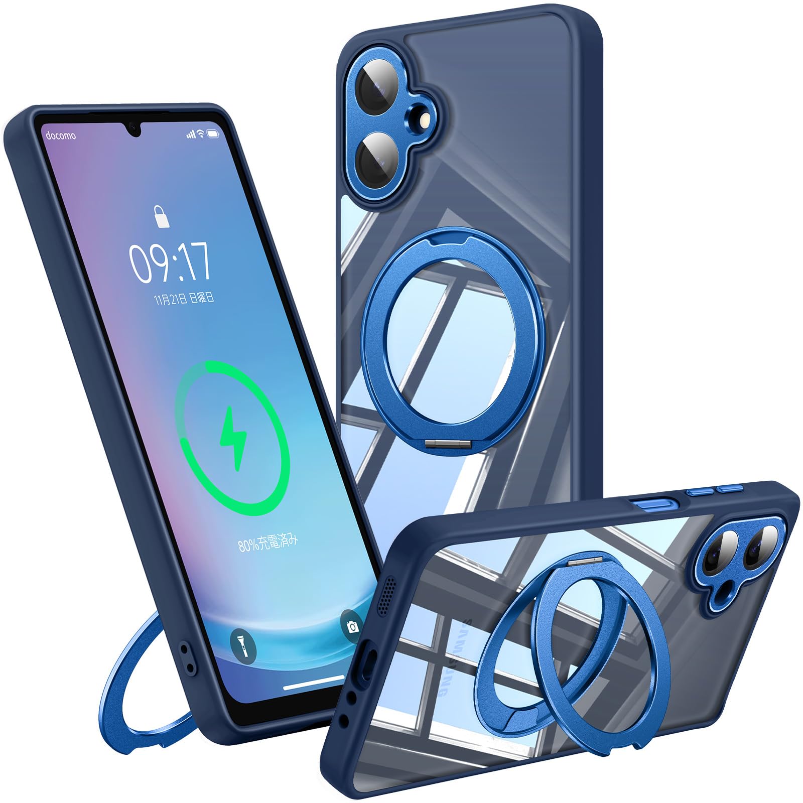 【360°回転スタンド・縦横両対応】FONKCASE Samsung Galaxy A25 5G 用 ケース Magsafe対応 リング (ブルー)