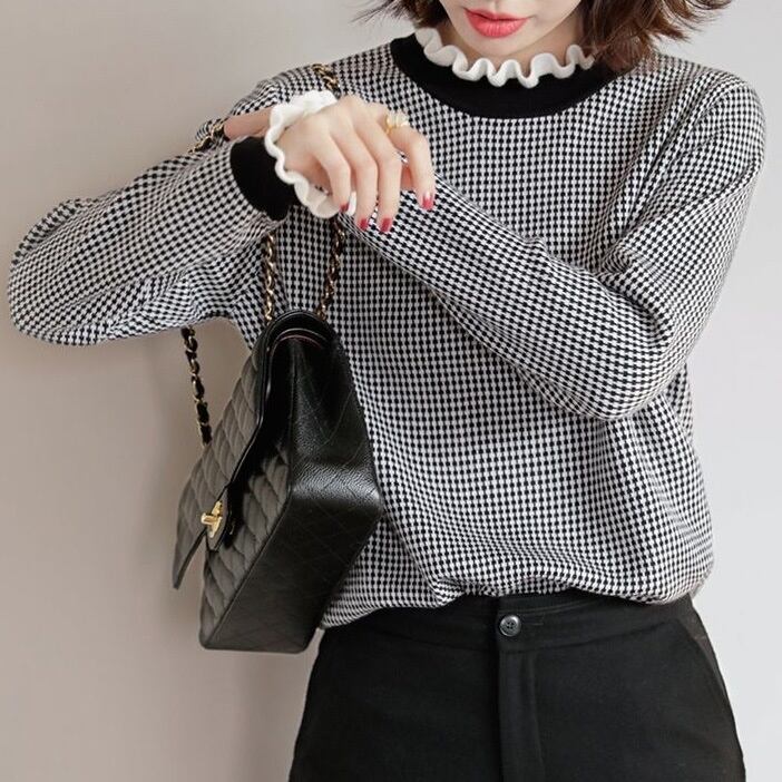 Check knit with frilled sleeve collar TB-TO-0089